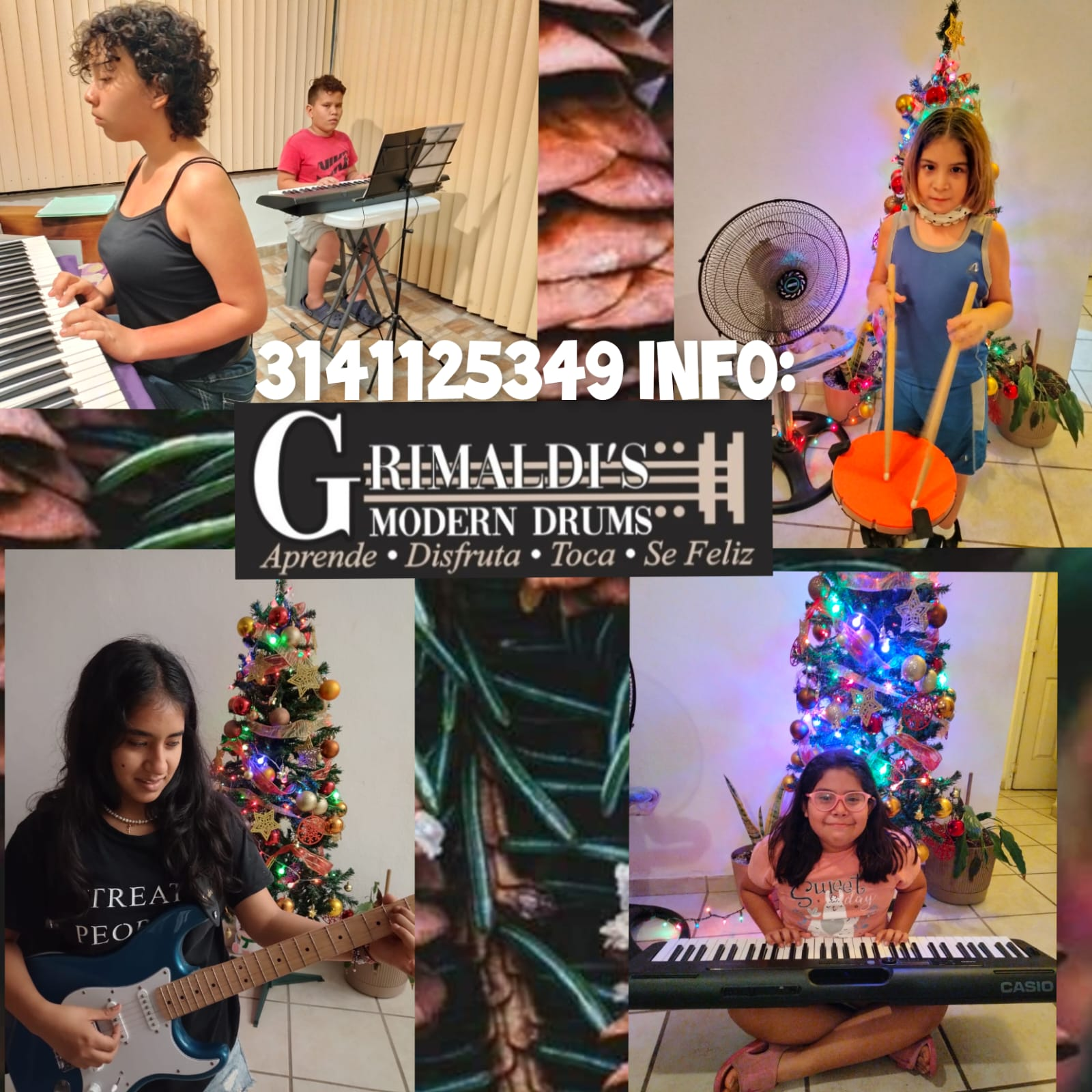 Collage original de estudiantes con teclado, guitarra y percusiones en Grimaldi's Modern Drums